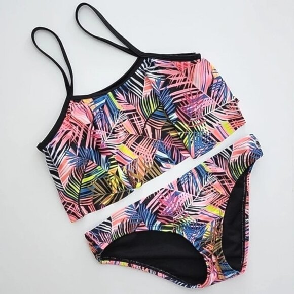 Ripzone 2 Piece Girls Tropical Leaf Pink Yellow Blue Print Bikini Set Size Large